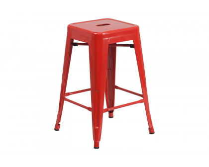 BLNK Kai Commercial Metal Backless Indoor-Outdoor Counter Height Stool with Square Seat - Red