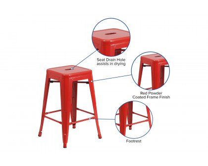 BLNK Kai Commercial Metal Backless Indoor-Outdoor Counter Height Stool with Square Seat - Red