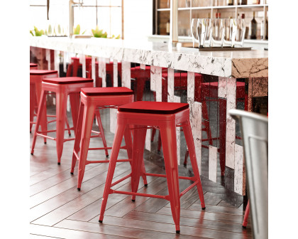 BLNK Kai Commercial Metal Backless Indoor-Outdoor Counter Height Stool with Poly Resin Wood Seat