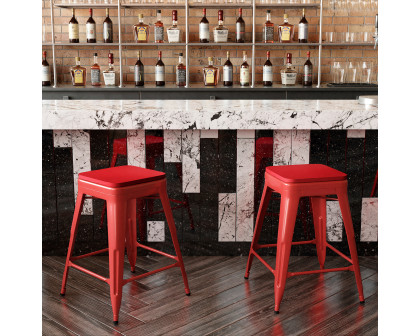 BLNK Kai Commercial Metal Backless Indoor-Outdoor Counter Height Stool with Poly Resin Wood Seat - Red