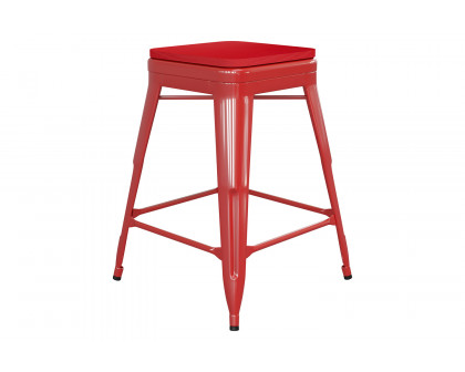 BLNK Kai Commercial Metal Backless Indoor-Outdoor Counter Height Stool with Poly Resin Wood Seat - Red