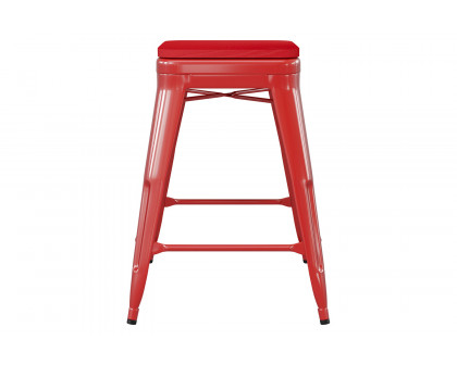 BLNK Kai Commercial Metal Backless Indoor-Outdoor Counter Height Stool with Poly Resin Wood Seat - Red