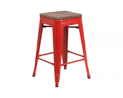 BLNK Lily Metal Backless Counter Height Stool with Square Wood Seat - Red