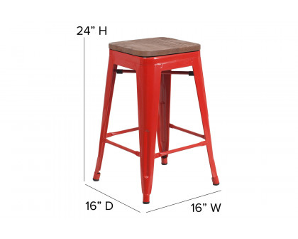 BLNK Lily Metal Backless Counter Height Stool with Square Wood Seat - Red