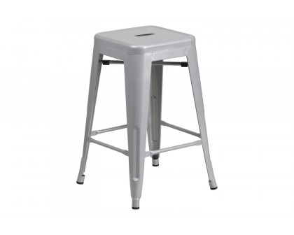 BLNK Kai Commercial Metal Backless Indoor-Outdoor Counter Height Stool with Square Seat - Silver