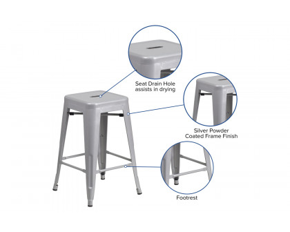 BLNK Kai Commercial Metal Backless Indoor-Outdoor Counter Height Stool with Square Seat - Silver