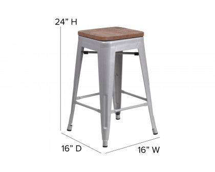 BLNK Kai Commercial Metal Backless Indoor-Outdoor Counter Height Stool with Square Seat - Silver