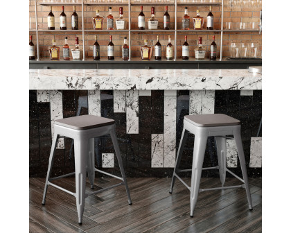 BLNK Kai Commercial Metal Backless Indoor-Outdoor Counter Height Stool with Poly Resin Wood Seat - Silver/Gray