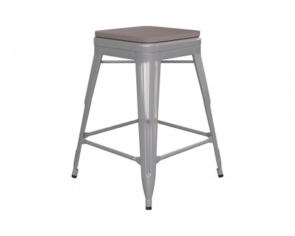 BLNK Kai Commercial Metal Backless Indoor-Outdoor Counter Height Stool with Poly Resin Wood Seat - Silver/Gray