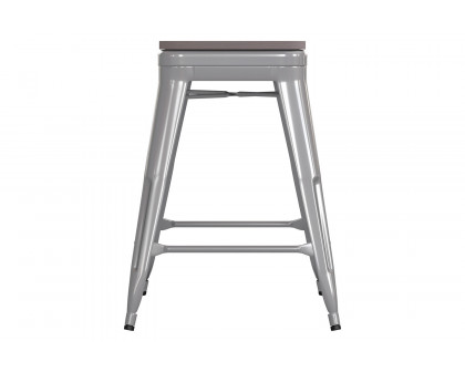 BLNK Kai Commercial Metal Backless Indoor-Outdoor Counter Height Stool with Poly Resin Wood Seat - Silver/Gray