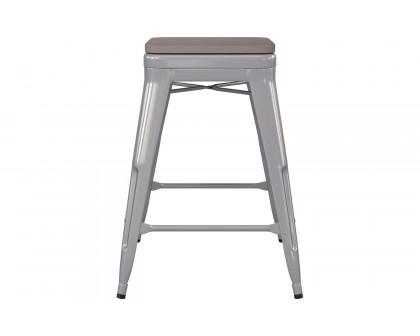 BLNK Kai Commercial Metal Backless Indoor-Outdoor Counter Height Stool with Poly Resin Wood Seat - Silver/Gray