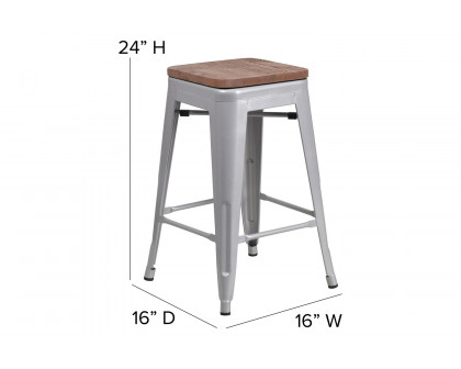 BLNK Kai Commercial Metal Backless Indoor-Outdoor Counter Height Stool with Poly Resin Wood Seat - Silver/Gray