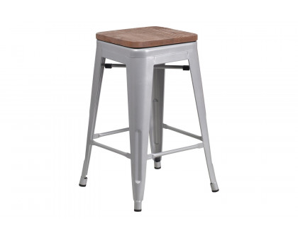 BLNK Lily Metal Backless Counter Height Stool with Square Wood Seat - Silver