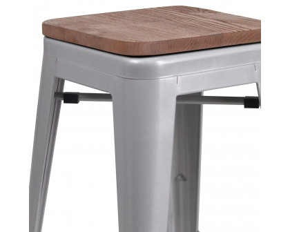 BLNK Lily Metal Backless Counter Height Stool with Square Wood Seat - Silver