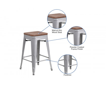 BLNK Lily Metal Backless Counter Height Stool with Square Wood Seat - Silver