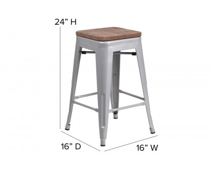 BLNK Lily Metal Backless Counter Height Stool with Square Wood Seat - Silver