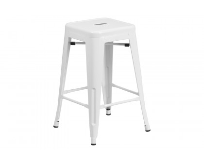 BLNK Kai Commercial Metal Backless Indoor-Outdoor Counter Height Stool with Square Seat - White