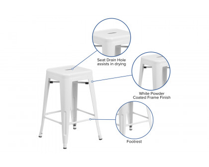 BLNK Kai Commercial Metal Backless Indoor-Outdoor Counter Height Stool with Square Seat - White