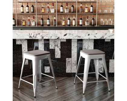 BLNK Kai Commercial Metal Backless Indoor-Outdoor Counter Height Stool with Poly Resin Wood Seat - White/Gray