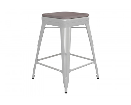 BLNK Kai Commercial Metal Backless Indoor-Outdoor Counter Height Stool with Poly Resin Wood Seat - White/Gray