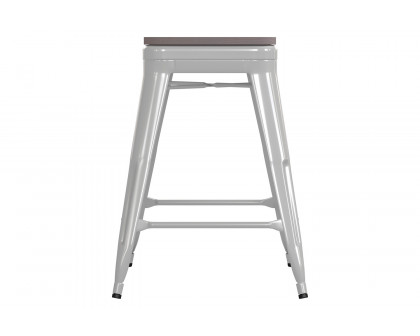 BLNK Kai Commercial Metal Backless Indoor-Outdoor Counter Height Stool with Poly Resin Wood Seat - White/Gray