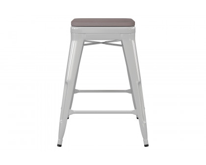 BLNK Kai Commercial Metal Backless Indoor-Outdoor Counter Height Stool with Poly Resin Wood Seat - White/Gray