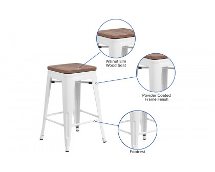 BLNK Lily Metal Backless Counter Height Stool with Square Wood Seat - White