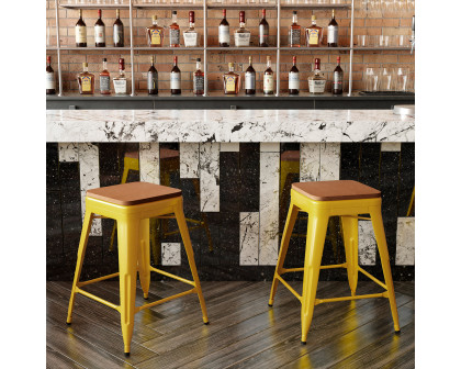 BLNK Kai Commercial Metal Backless Indoor-Outdoor Counter Height Stool with Poly Resin Wood Seat