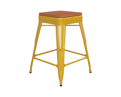 BLNK Kai Commercial Metal Backless Indoor-Outdoor Counter Height Stool with Poly Resin Wood Seat - Yellow/Teak