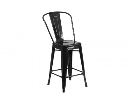 BLNK Kai Commercial Metal Indoor-Outdoor Counter Height Stool with Removable Back - Black