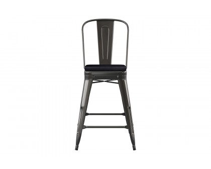 BLNK Kai Commercial Metal Indoor-Outdoor Counter Height Stool with Removable Back and All-Weather Poly Resin Seat - Black