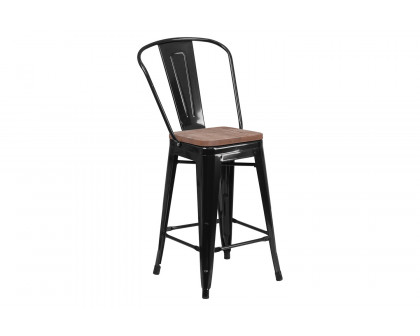 BLNK™ Lily Metal Counter Height Stool with Back and Wood Seat - Black