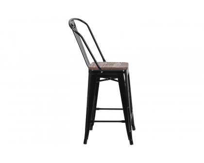 BLNK™ Lily Metal Counter Height Stool with Back and Wood Seat - Black