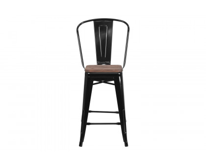 BLNK™ Lily Metal Counter Height Stool with Back and Wood Seat - Black