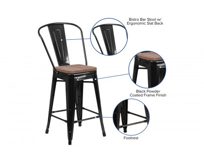 BLNK™ Lily Metal Counter Height Stool with Back and Wood Seat - Black