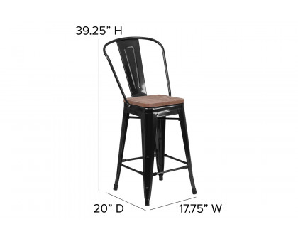 BLNK™ Lily Metal Counter Height Stool with Back and Wood Seat - Black