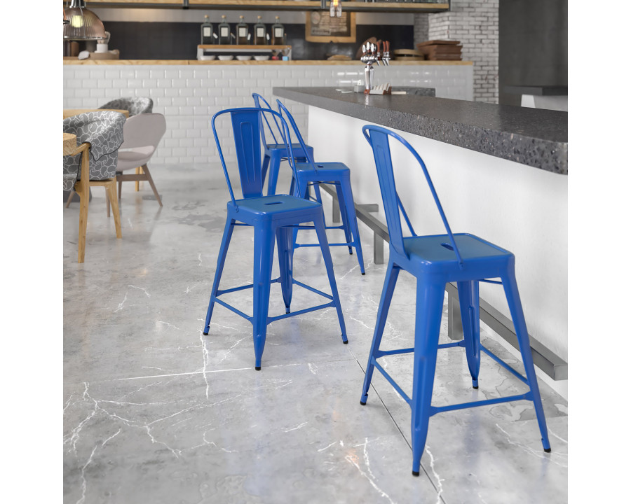 BLNK Kai Commercial Metal Indoor-Outdoor Counter Height Stool with Removable Back - Blue