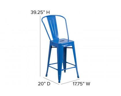 BLNK Kai Commercial Metal Indoor-Outdoor Counter Height Stool with Removable Back - Blue