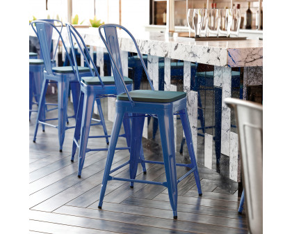 BLNK Kai Commercial Metal Indoor-Outdoor Counter Height Stool with Removable Back and All-Weather Poly Resin Seat