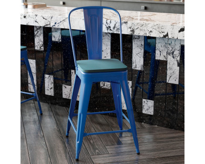 BLNK Kai Commercial Metal Indoor-Outdoor Counter Height Stool with Removable Back and All-Weather Poly Resin Seat - Blue/Teal Blue