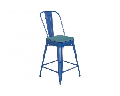 BLNK Kai Commercial Metal Indoor-Outdoor Counter Height Stool with Removable Back and All-Weather Poly Resin Seat - Blue/Teal Blue