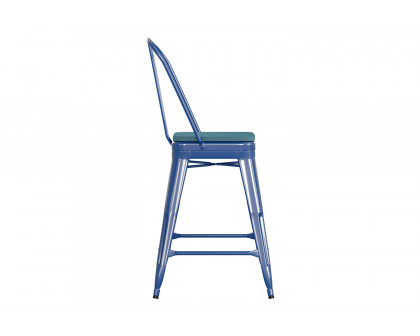 BLNK Kai Commercial Metal Indoor-Outdoor Counter Height Stool with Removable Back and All-Weather Poly Resin Seat - Blue/Teal Blue