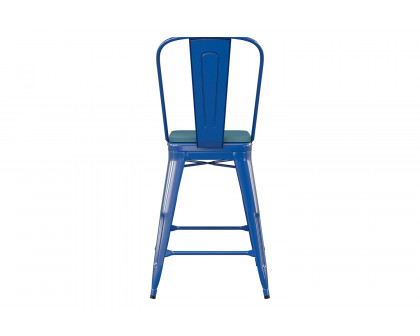 BLNK Kai Commercial Metal Indoor-Outdoor Counter Height Stool with Removable Back and All-Weather Poly Resin Seat - Blue/Teal Blue