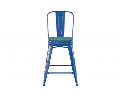 BLNK Kai Commercial Metal Indoor-Outdoor Counter Height Stool with Removable Back and All-Weather Poly Resin Seat - Blue/Teal Blue