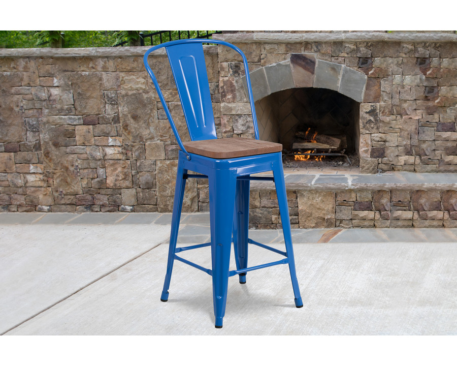 BLNK Lily Metal Counter Height Stool with Back and Wood Seat - Blue