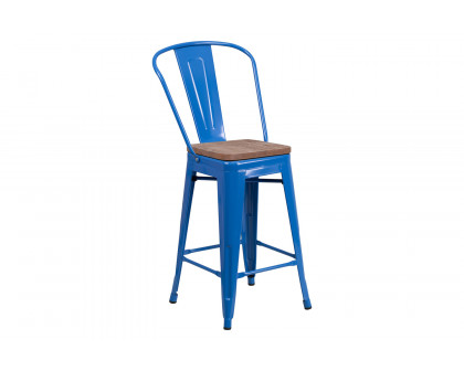 BLNK Lily Metal Counter Height Stool with Back and Wood Seat - Blue