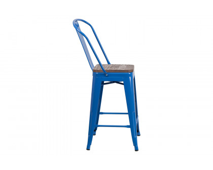 BLNK Lily Metal Counter Height Stool with Back and Wood Seat - Blue