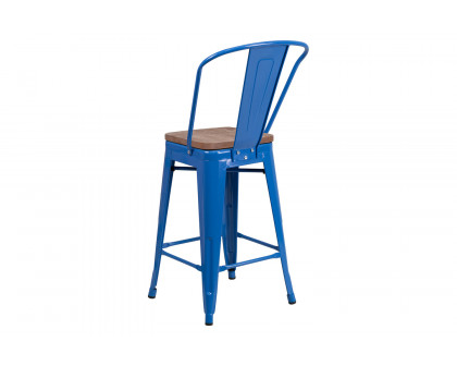 BLNK Lily Metal Counter Height Stool with Back and Wood Seat - Blue