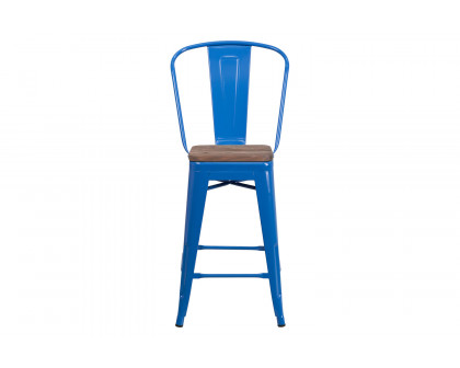 BLNK Lily Metal Counter Height Stool with Back and Wood Seat - Blue