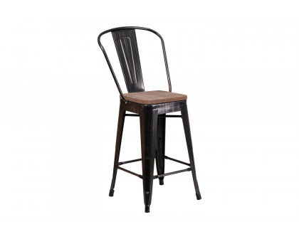 BLNK™ Lily Metal Counter Height Stool with Back and Wood Seat - Black/Antique Gold